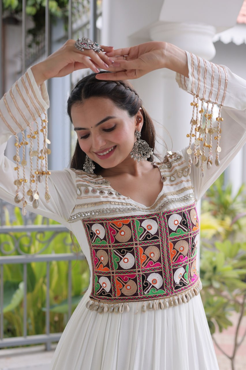 Reyon Navratri Gown with Kutchi Gamthi Embroidery & Mirror Work