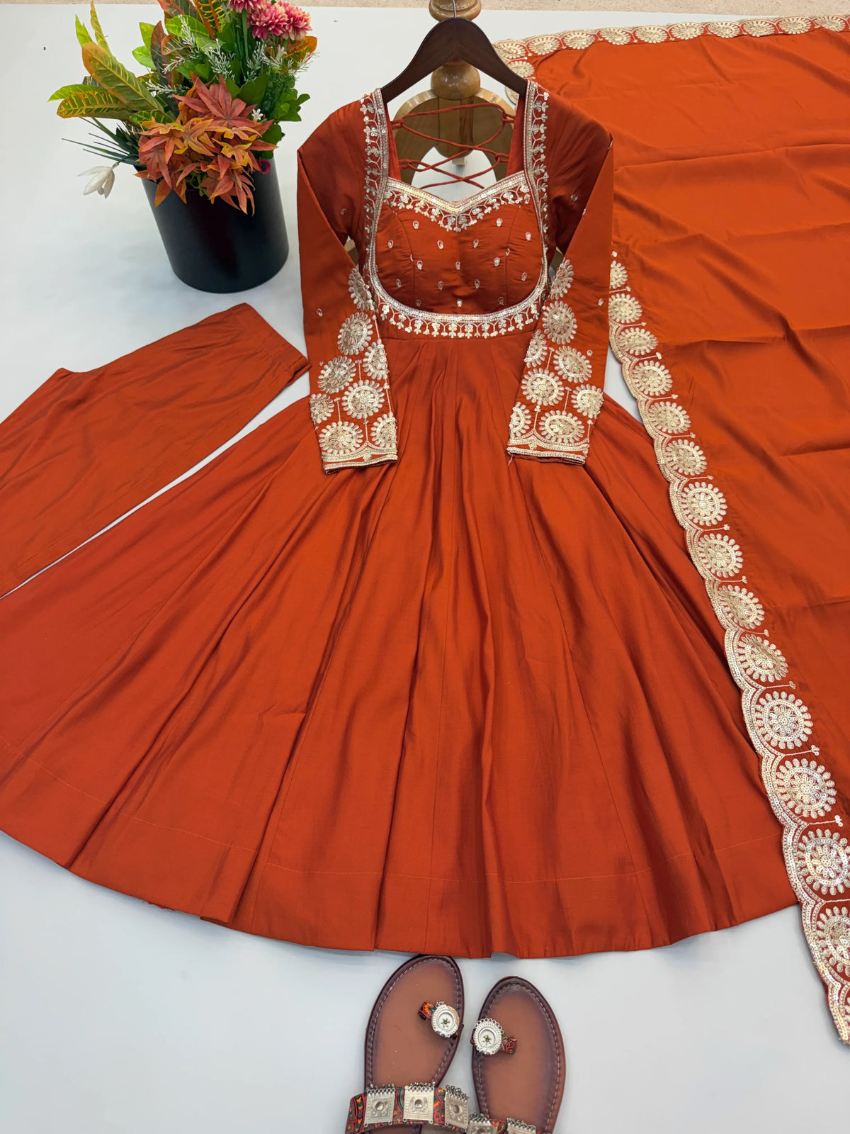 Premium Roman Silk Anarkali Gown with Embroidery & Sequin Work