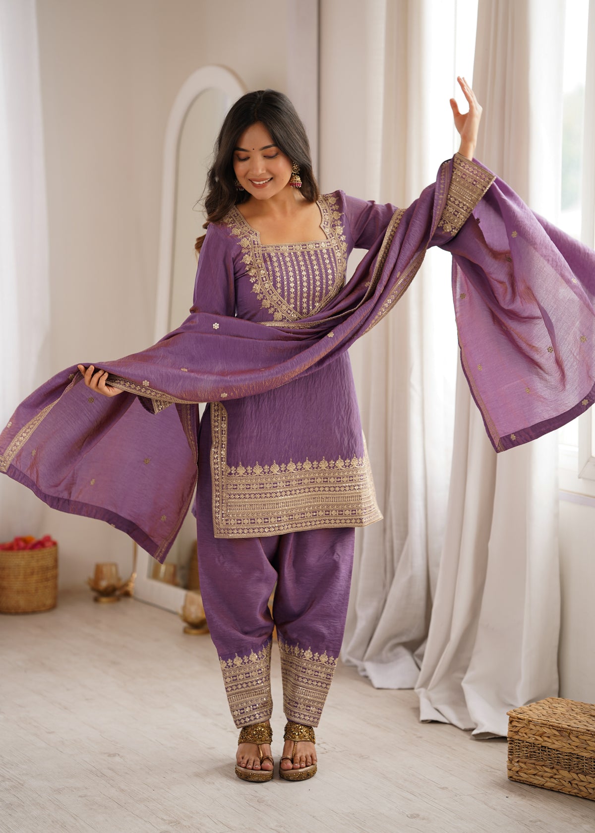 Premium NC Vichitra Silk Top & Farshi Shalwar Set with Embroidery, Dori & Jari Work