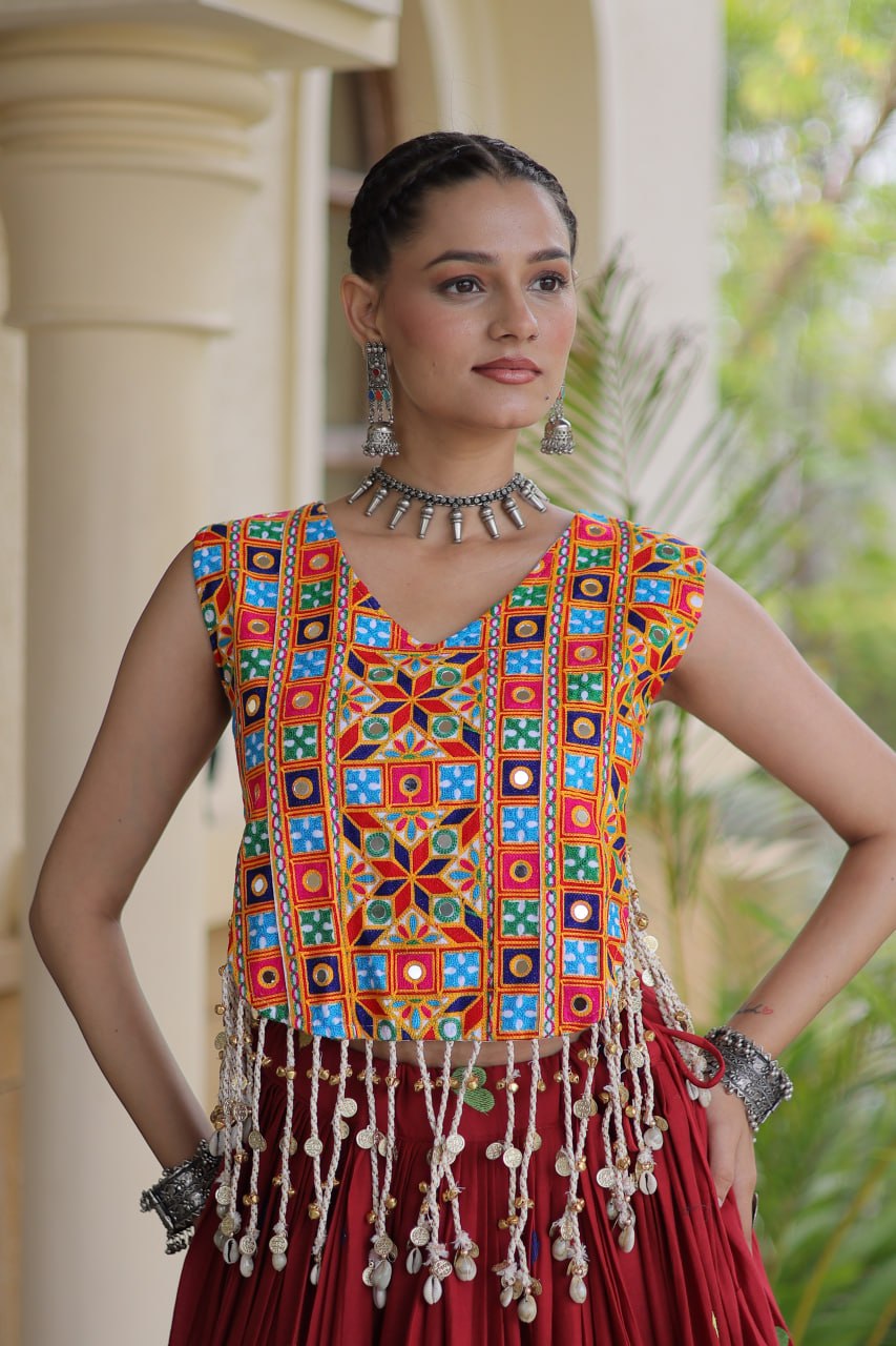 Premium Cora Cotton Navratri Lehenga Choli with Heart Thread Embroidery & Gamthi Mirror Work