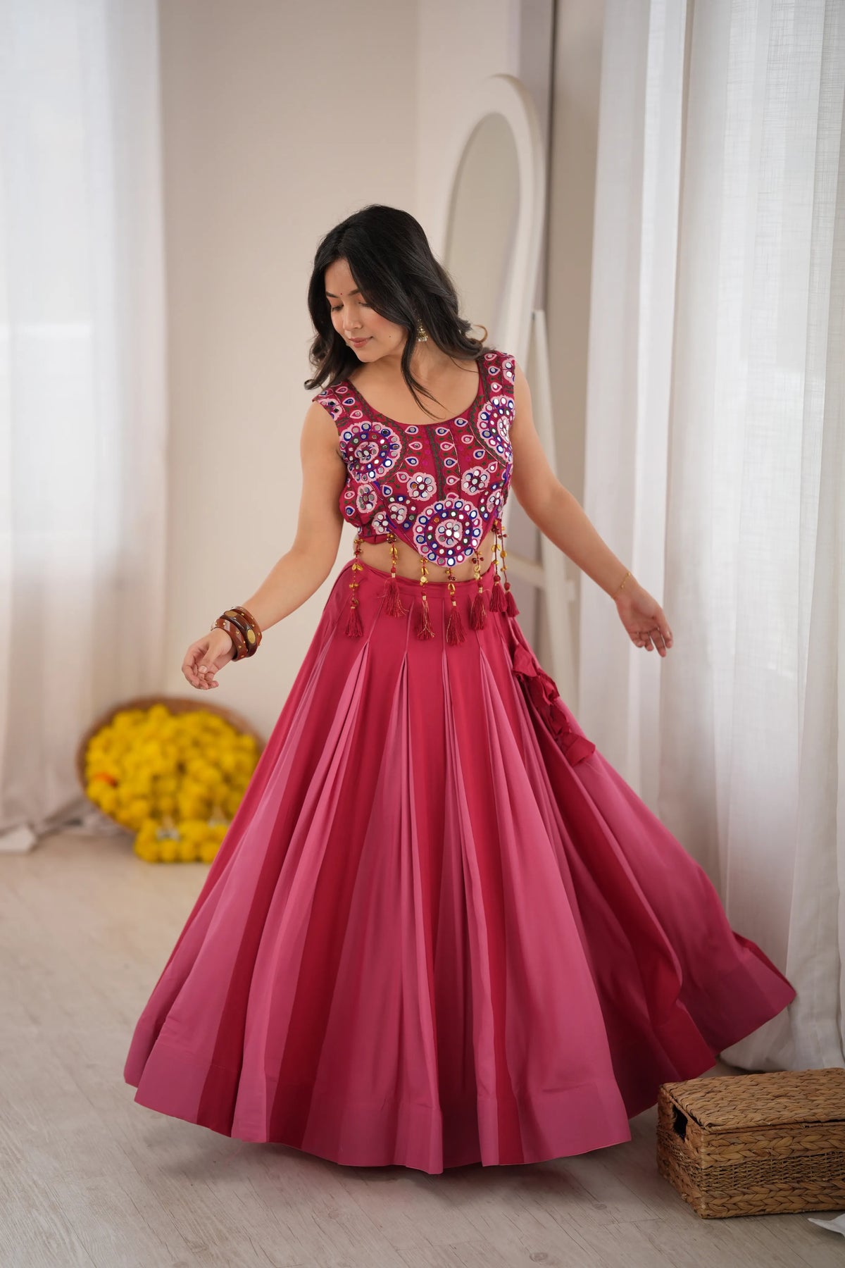 Premium Heavy Rayon Lehenga Choli with Fancy Lagdi Patta Lace & Real Mirror Work