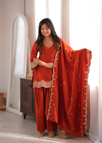 Premium Glass Roman Silk Embroidered Farshi Shalwar Set