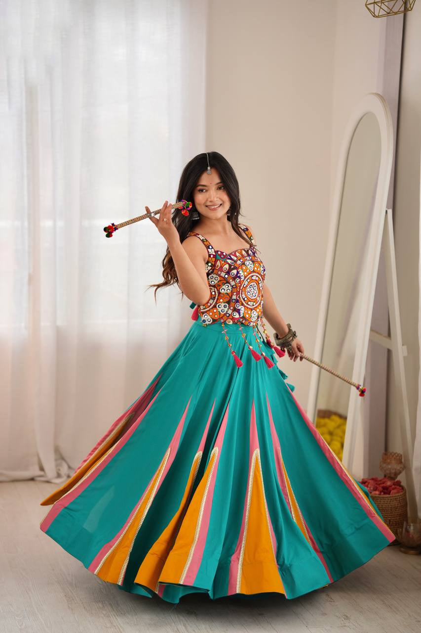 Premium Heavy Rayon Lehenga Choli with Fancy Lagdi Patta Lace & Real Mirror Work
