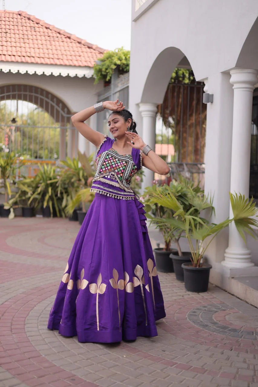 Premium Roman Silk Navratri Lehenga Choli with Pan-Patti Gota & Mirror Lace Work
