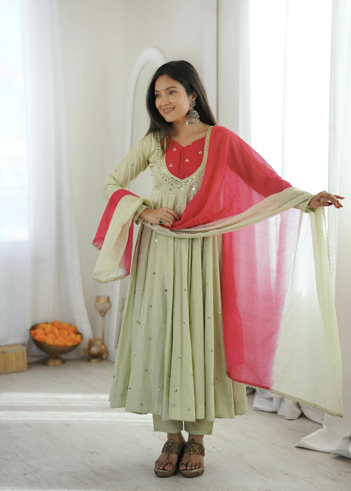 Premium Roman Silk Anarkali Gown with Embroidery, Sequin & Real Mirror Work