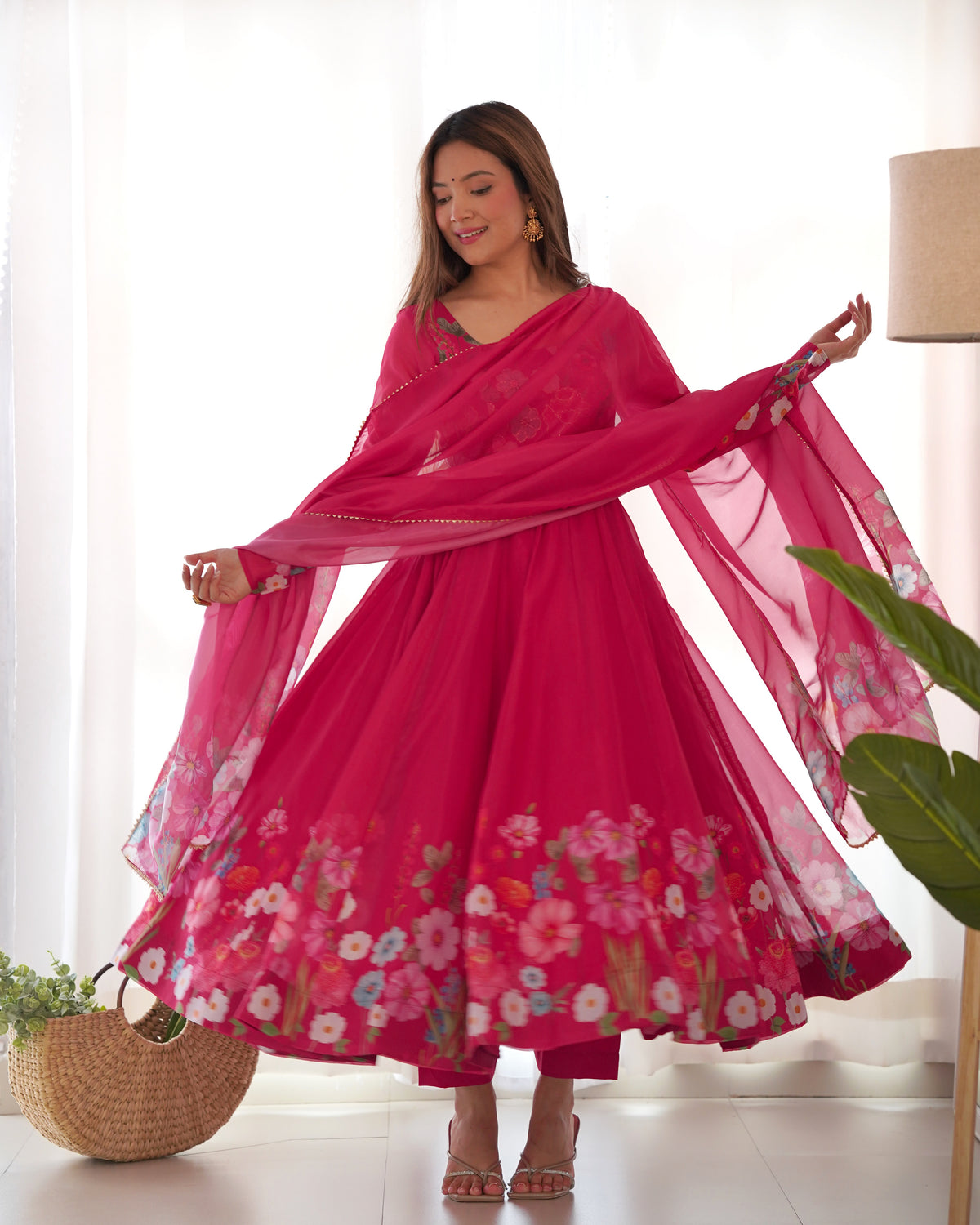 Premium Organza Silk Printed Anarkali Suit Set with Badla Jari & Gota Patti Work