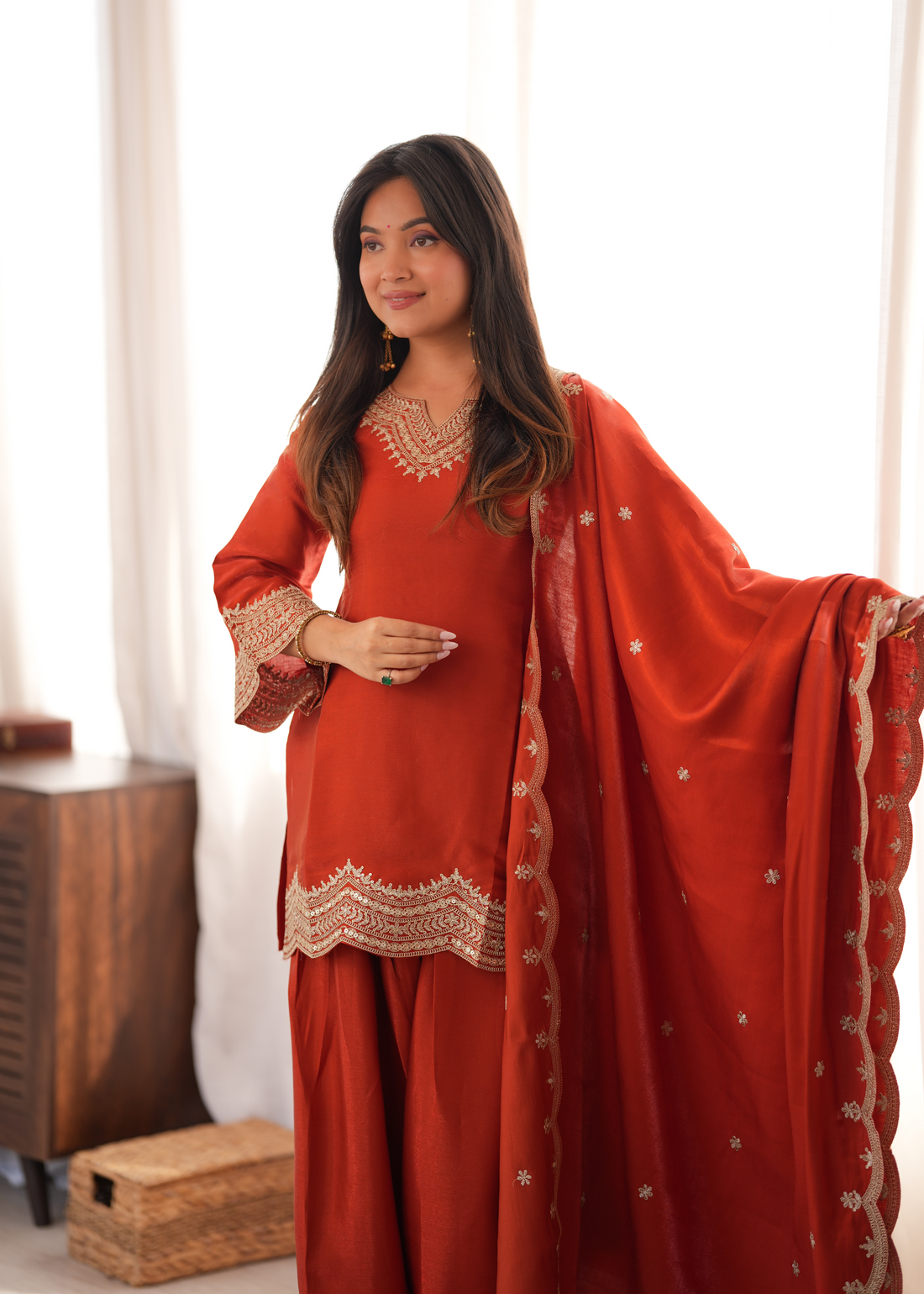 Premium Glass Roman Silk Embroidered Farshi Shalwar Set