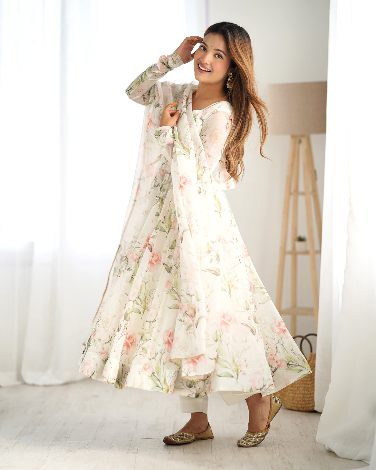 Premium Organza Silk Printed Anarkali Gown with Kali Flare, Canvas Patta & Gota Patti Dupatta