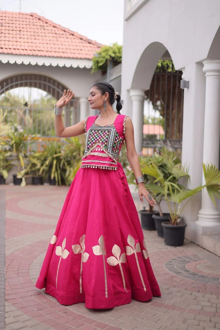 Premium Roman Silk Navratri Lehenga Choli with Pan-Patti Gota & Mirror Lace Work