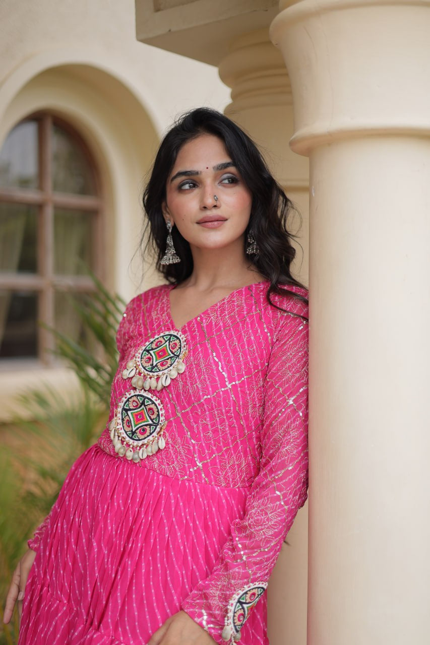 Premium Faux Georgette Navratri Gown with Laheriya Print & Kutchi Patchwork