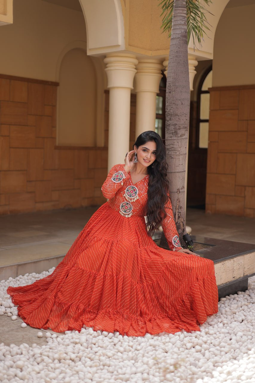 Premium Faux Georgette Navratri Gown with Laheriya Print & Kutchi Patchwork