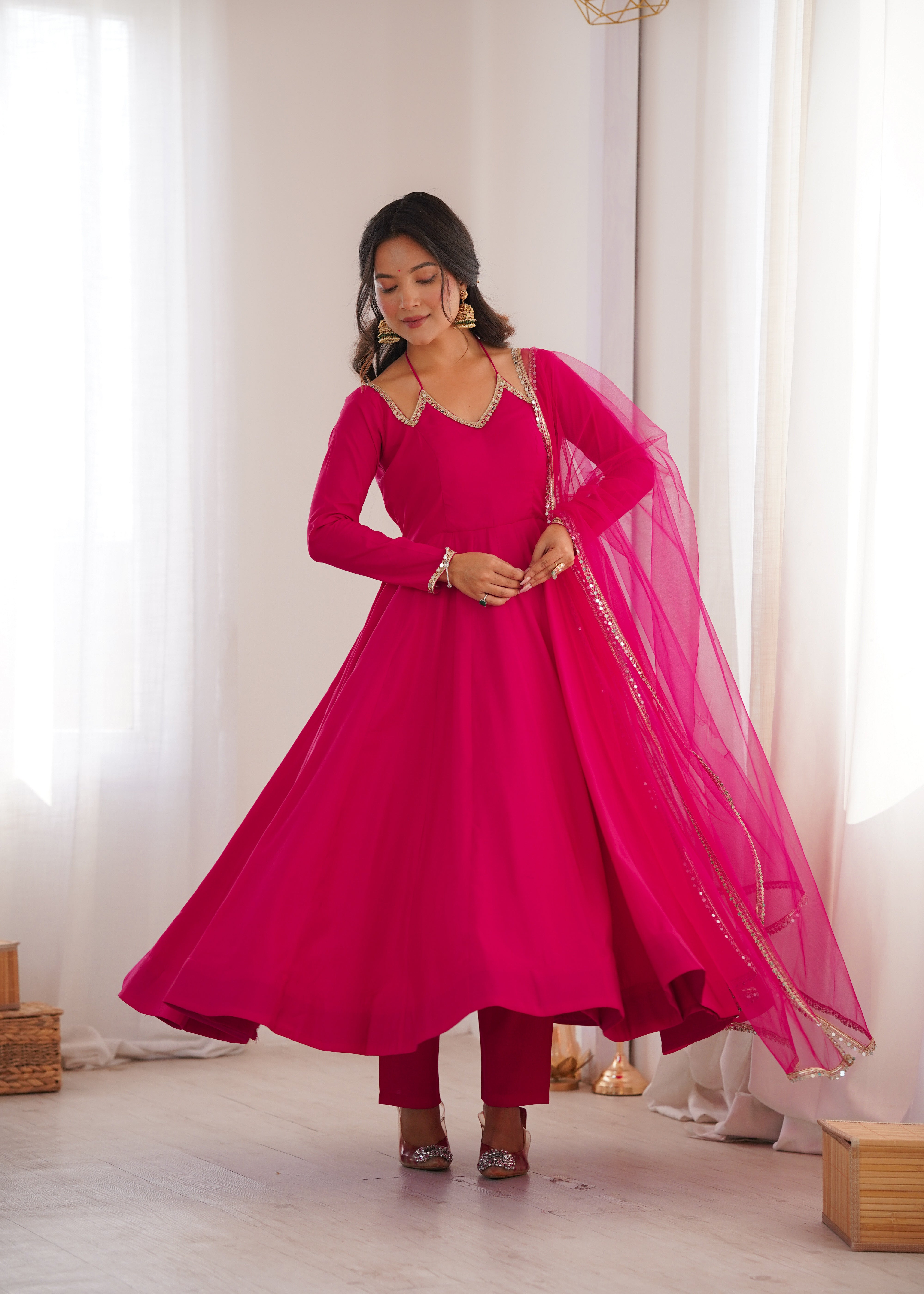 Premium Roman Silk Chanderi Anarkali Gown Set with Dupatta & Pant