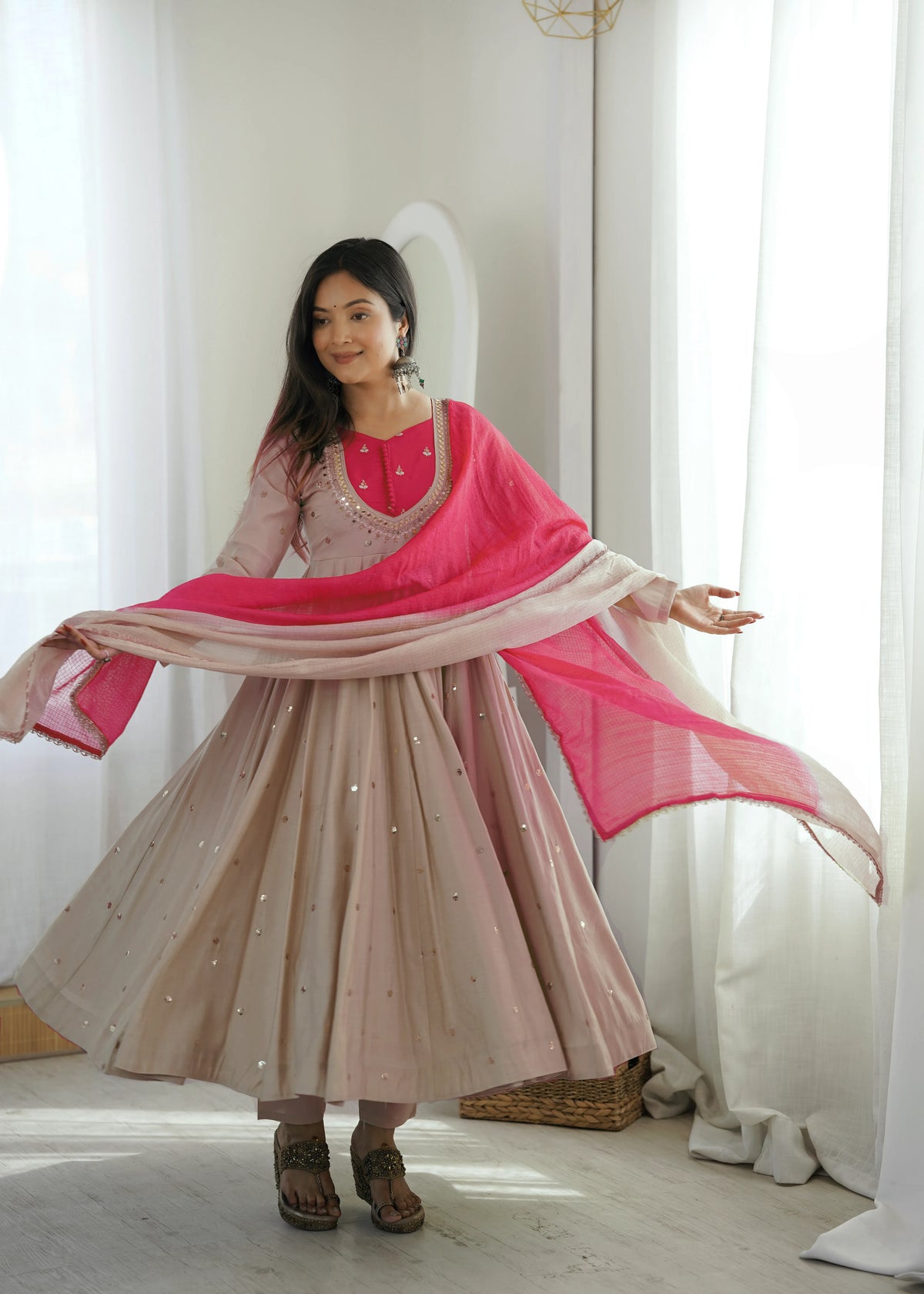 Premium Roman Silk Anarkali Gown with Embroidery, Sequin & Real Mirror Work