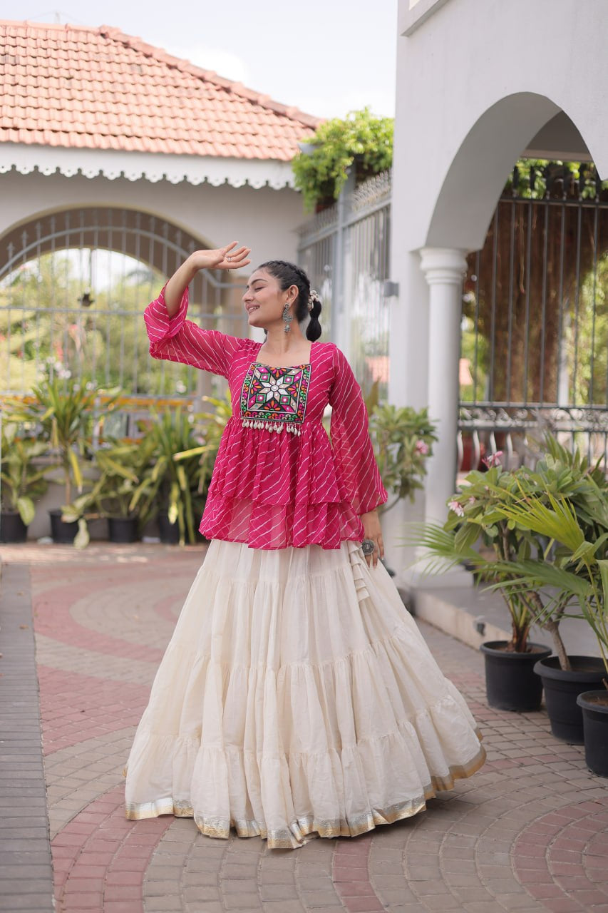 Premium Kora Cotton Navratri Lehenga Choli with Frill Stitching, Lampi Lace & Kutchi Gamthi Patchwork