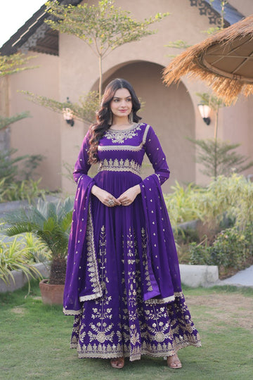 Premium Faux Blooming Georgette Embroidered Gown with Dupatta