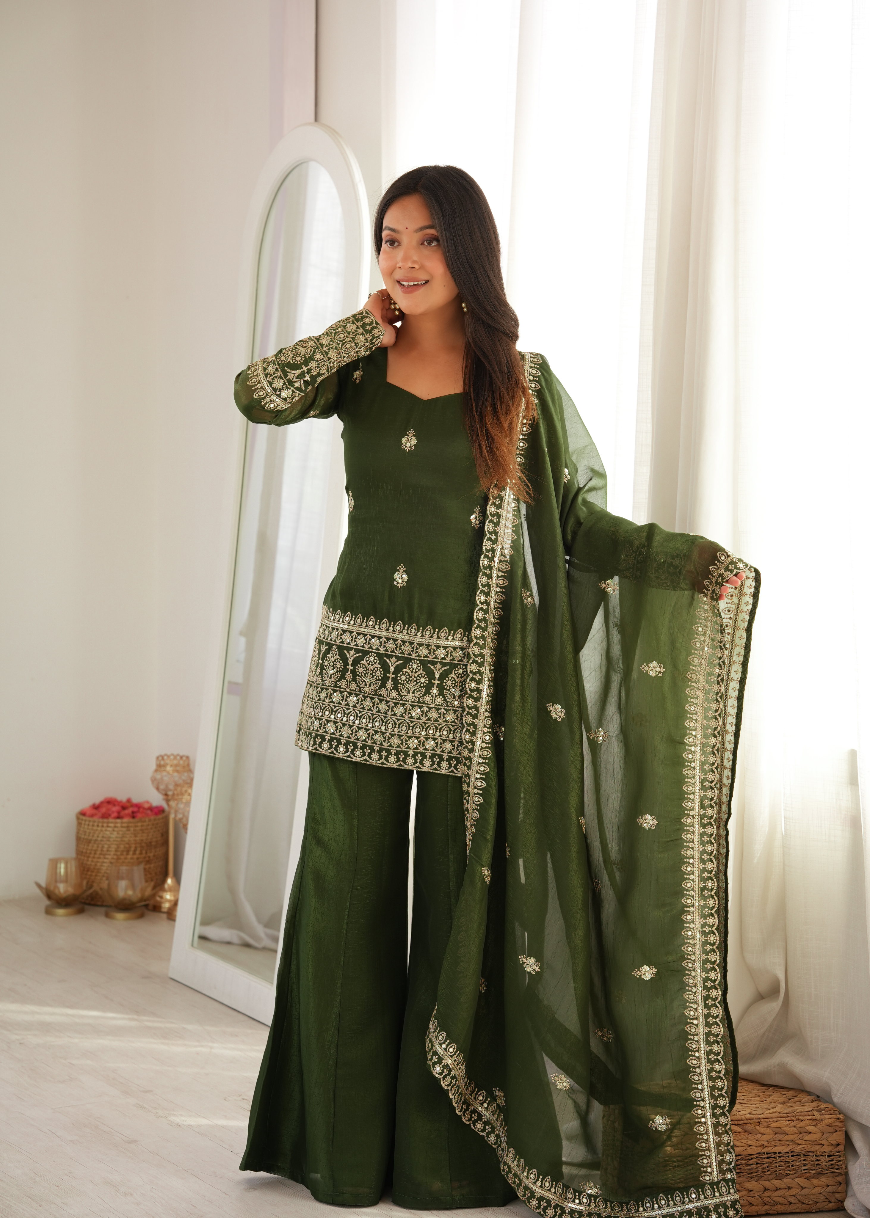 Premium Crunchy Silk Embroidered Bell Bottom Set