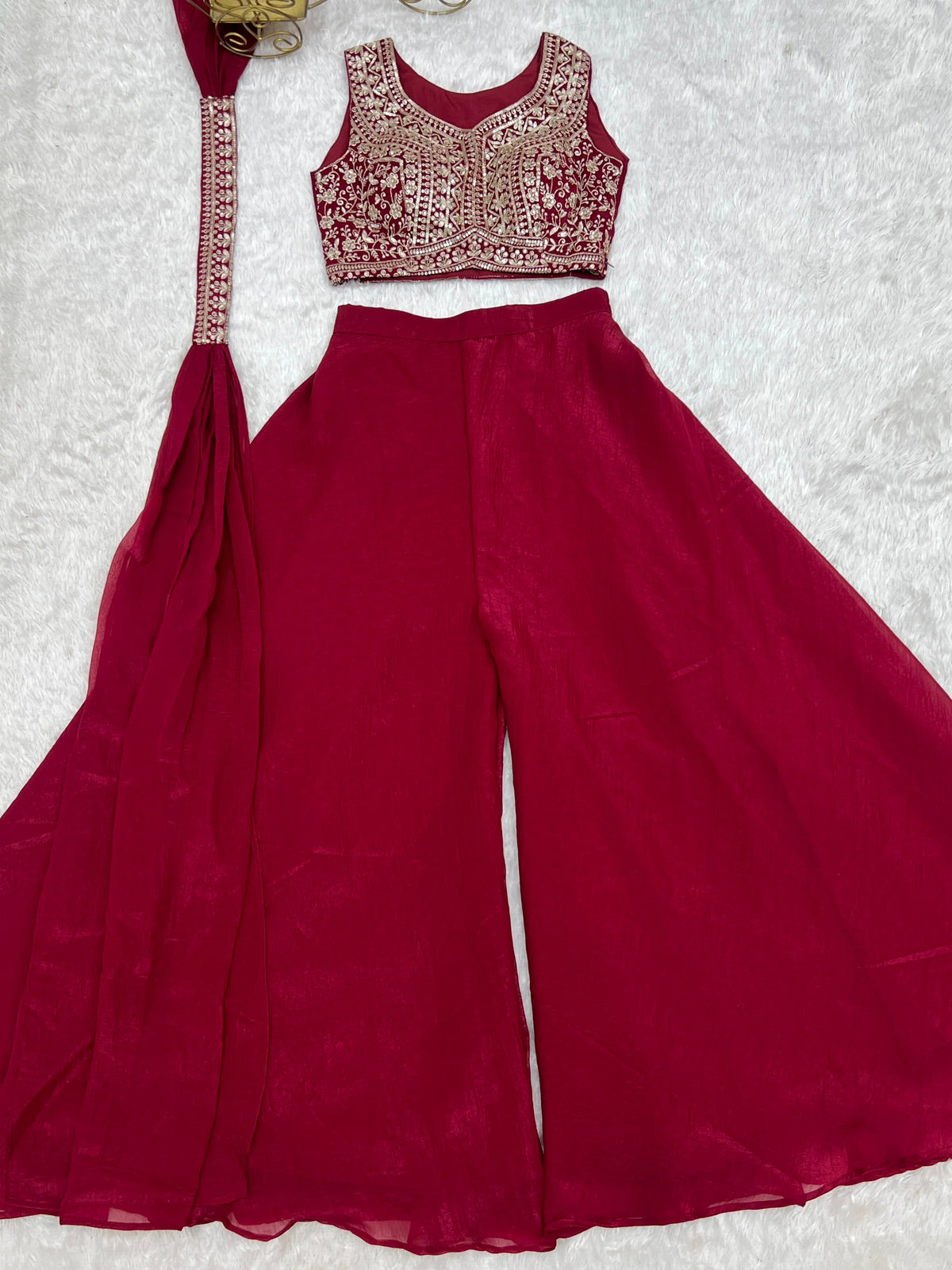 Premium Crunchy Silk Indo-Western Crop Top Palazzo Set with Embroidery & Sequin Work