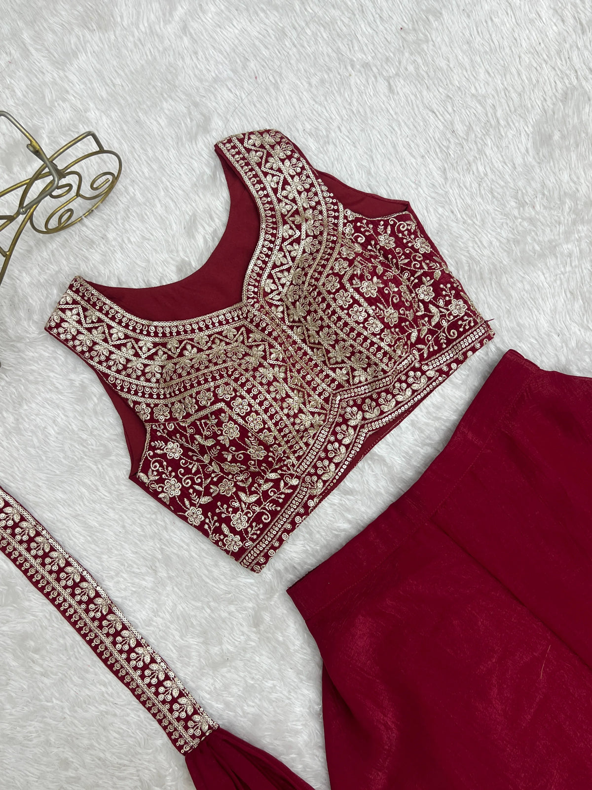 Premium Crunchy Silk Indo-Western Crop Top Palazzo Set with Embroidery & Sequin Work