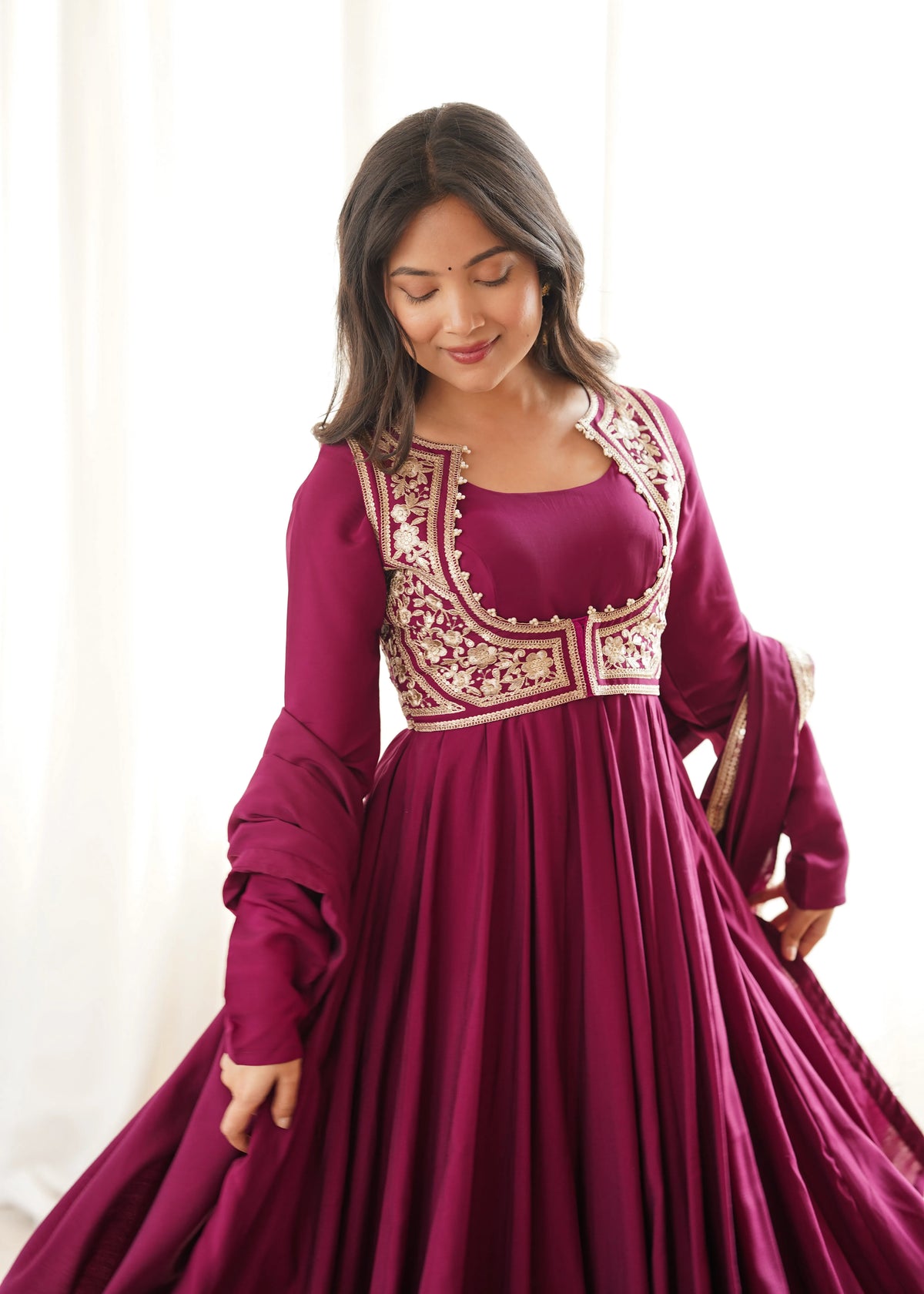 Premium Roman Silk Chanderi Anarkali Gown with Fancy Jacket, Embroidery & Lace Work