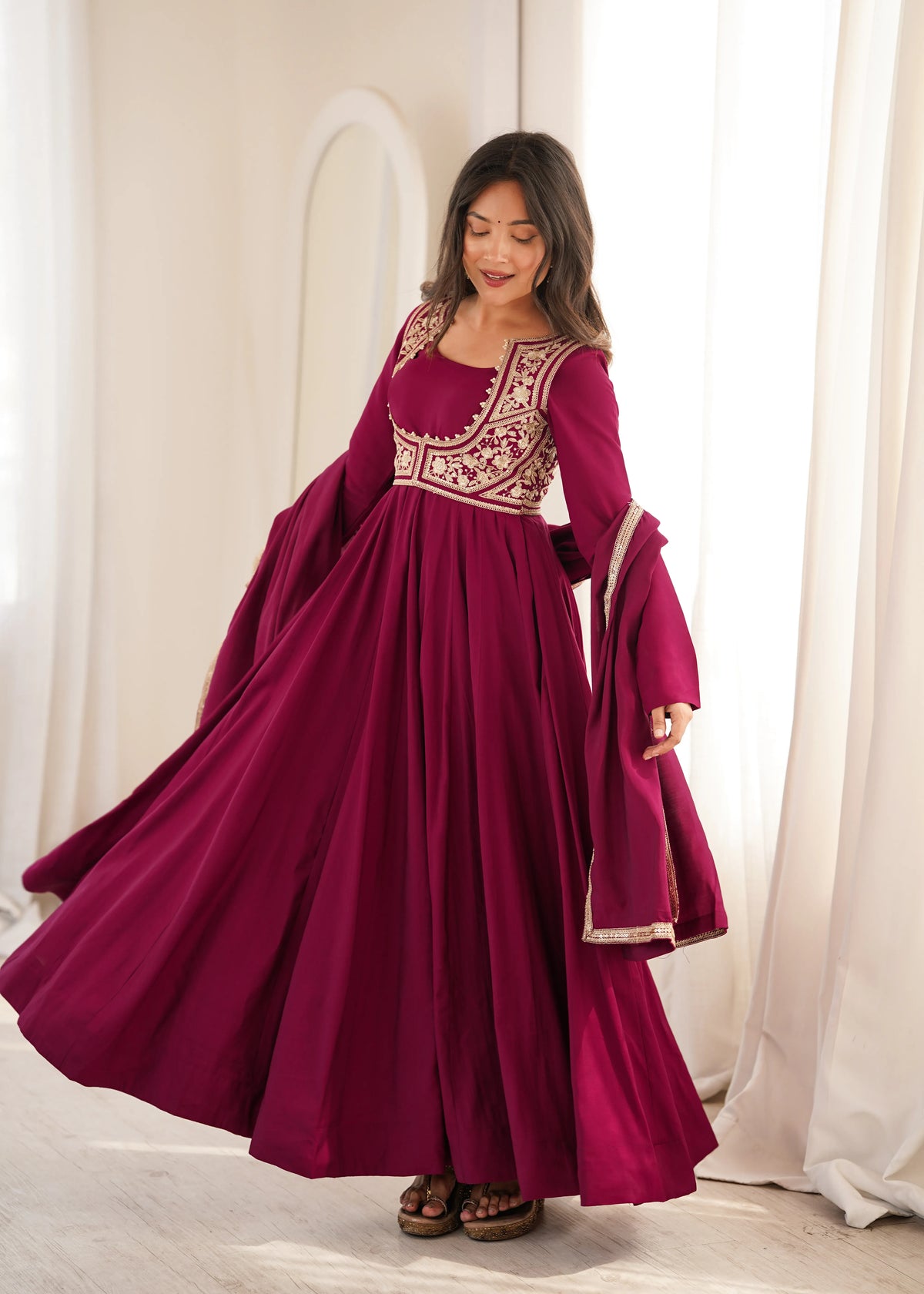 Premium Roman Silk Chanderi Anarkali Gown with Fancy Jacket, Embroidery & Lace Work