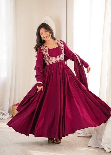 Premium Roman Silk Chanderi Anarkali Gown with Fancy Jacket, Embroidery & Lace Work