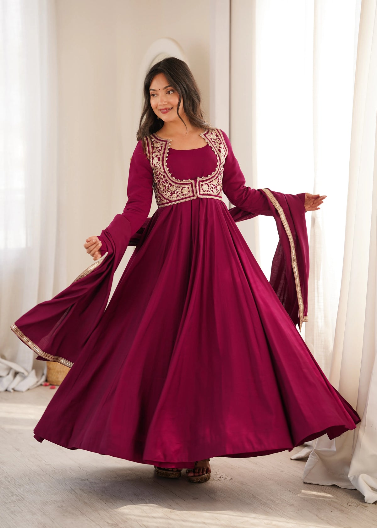 Premium Roman Silk Chanderi Anarkali Gown with Fancy Jacket, Embroidery & Lace Work