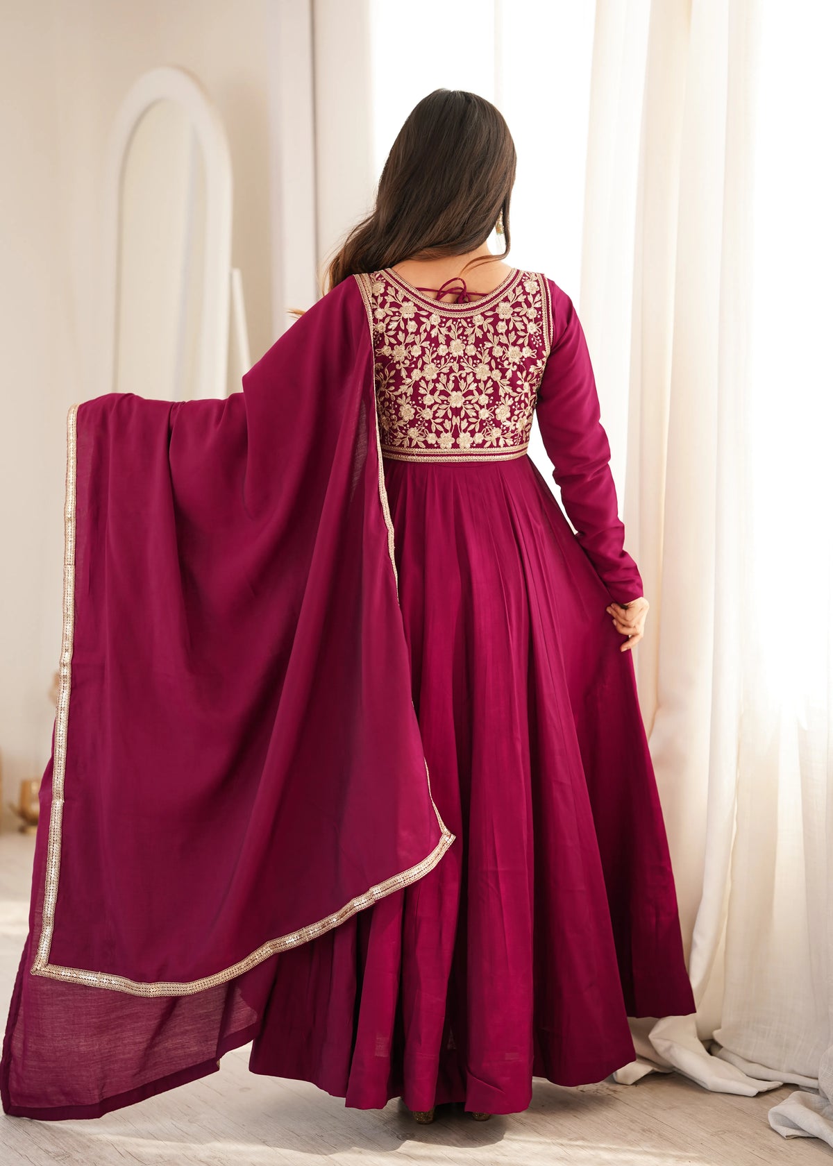 Premium Roman Silk Chanderi Anarkali Gown with Fancy Jacket, Embroidery & Lace Work
