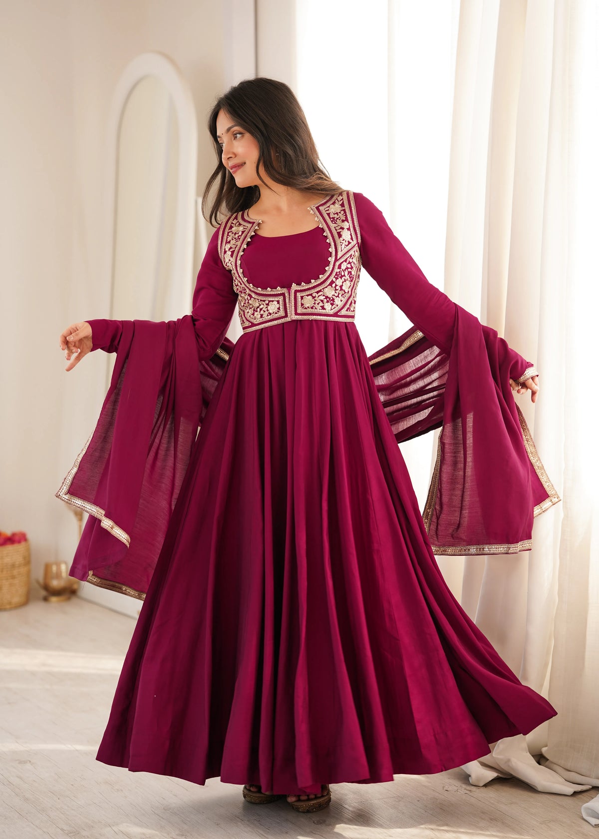 Premium Roman Silk Chanderi Anarkali Gown with Fancy Jacket, Embroidery & Lace Work