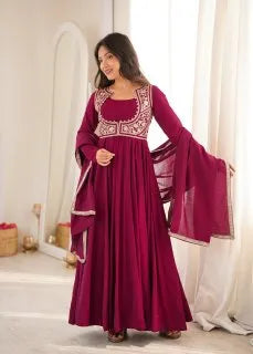 Premium Roman Silk Chanderi Anarkali Gown with Fancy Jacket, Embroidery & Lace Work