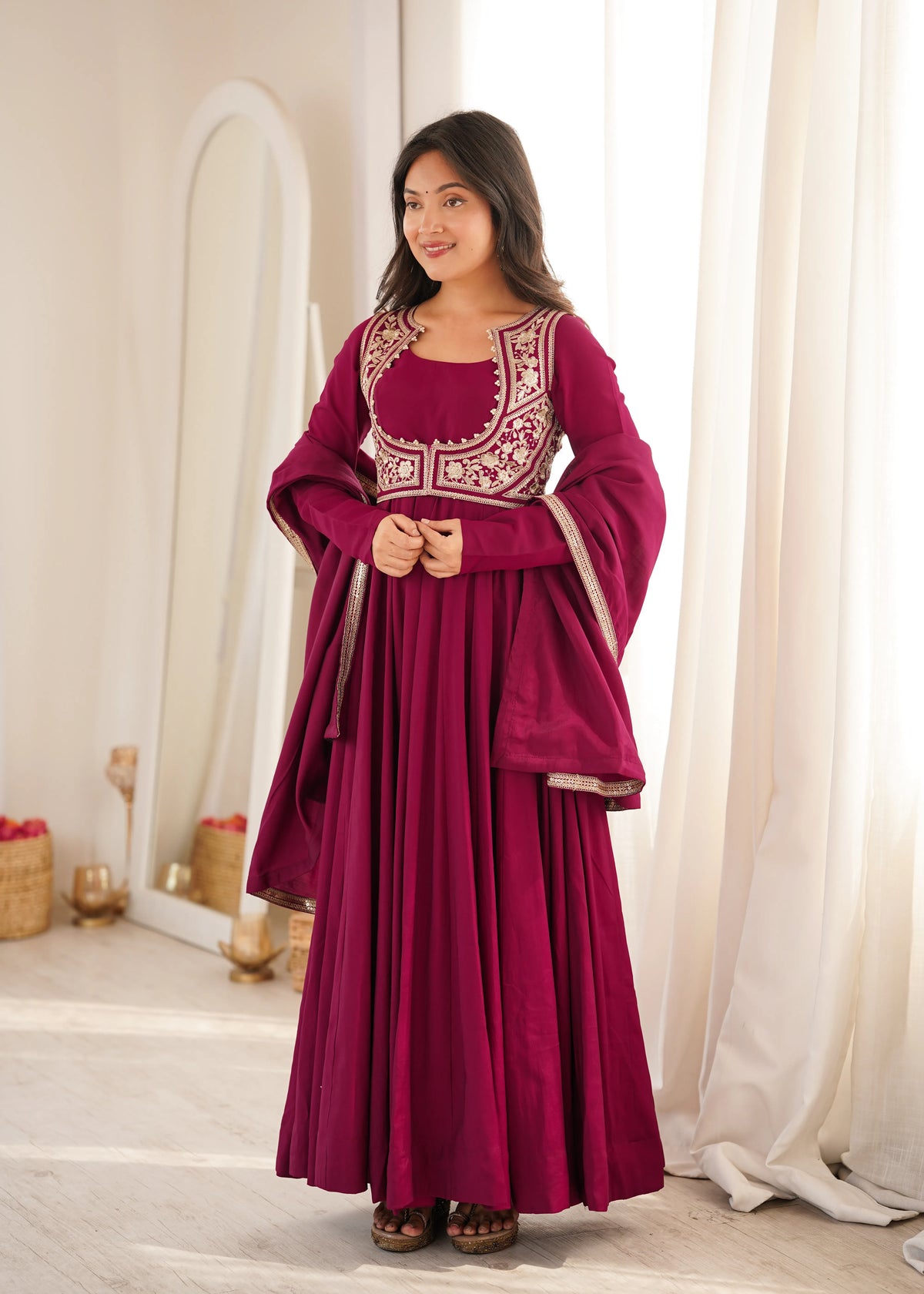 Premium Roman Silk Chanderi Anarkali Gown with Fancy Jacket, Embroidery & Lace Work