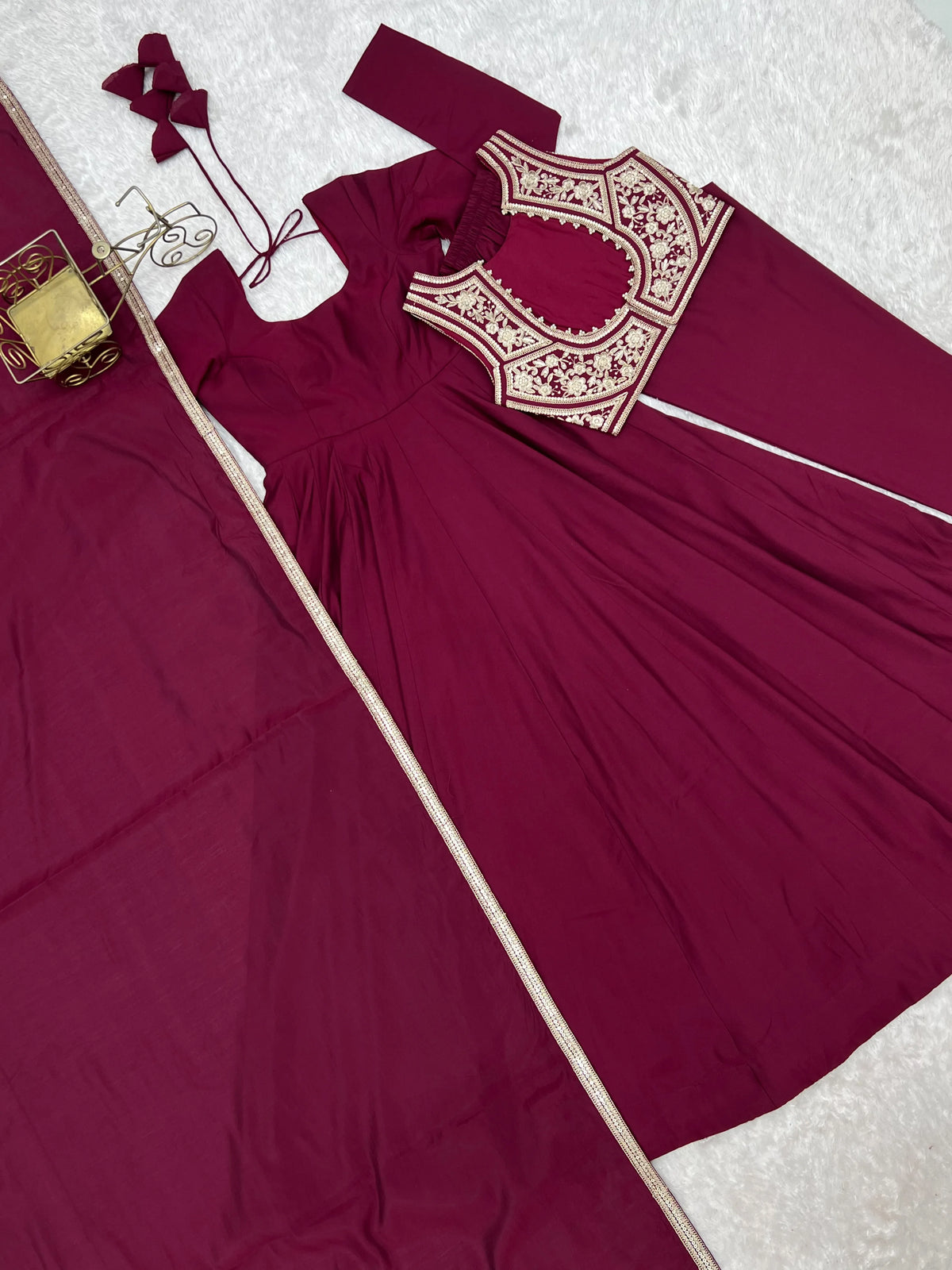 Premium Roman Silk Chanderi Anarkali Gown with Fancy Jacket, Embroidery & Lace Work