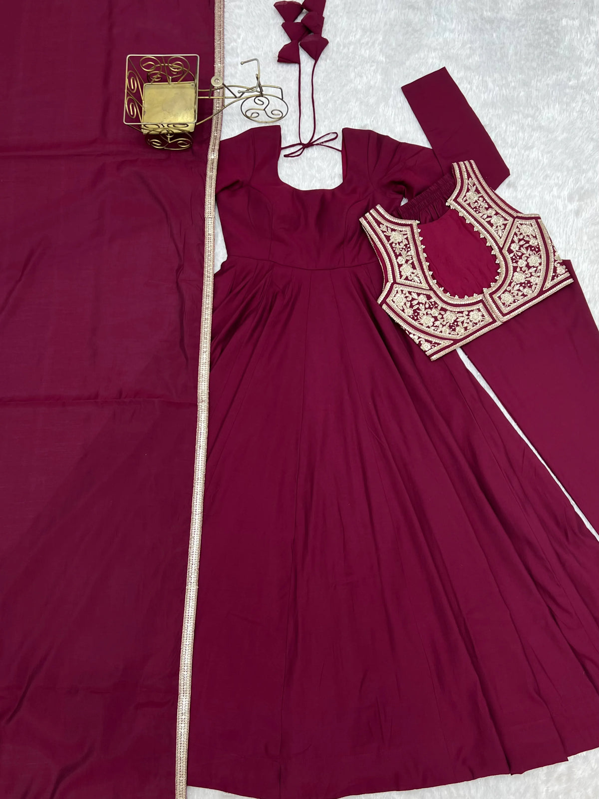Premium Roman Silk Chanderi Anarkali Gown with Fancy Jacket, Embroidery & Lace Work