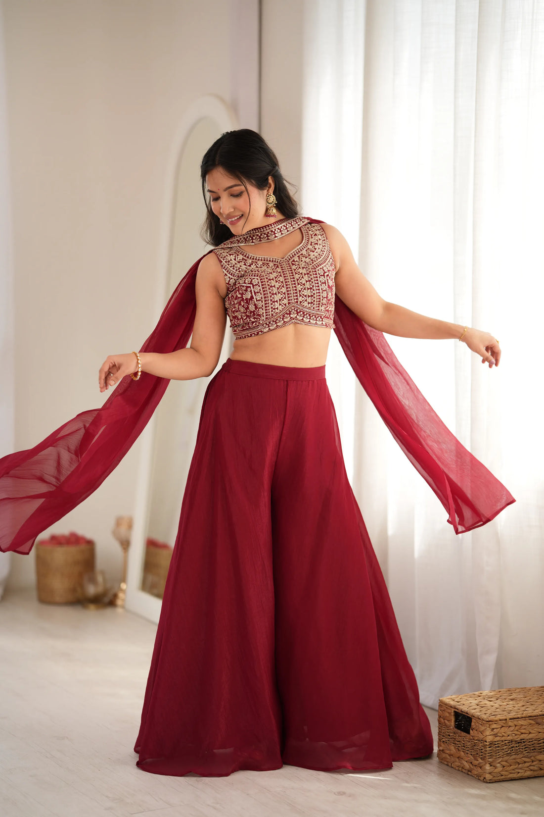 Premium Crunchy Silk Indo-Western Crop Top Palazzo Set with Embroidery & Sequin Work
