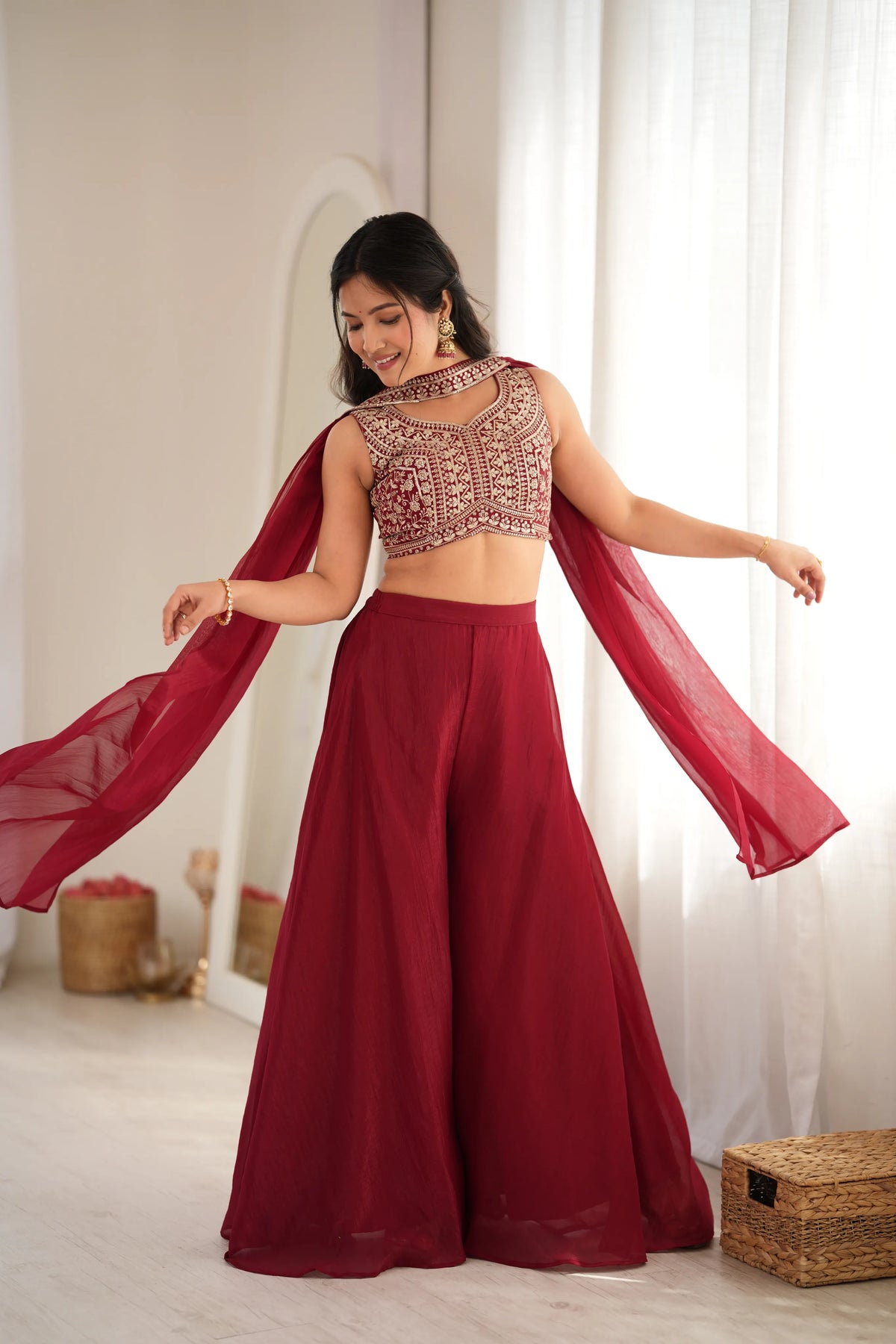 Premium Crunchy Silk Indo-Western Crop Top Palazzo Set with Embroidery & Sequin Work