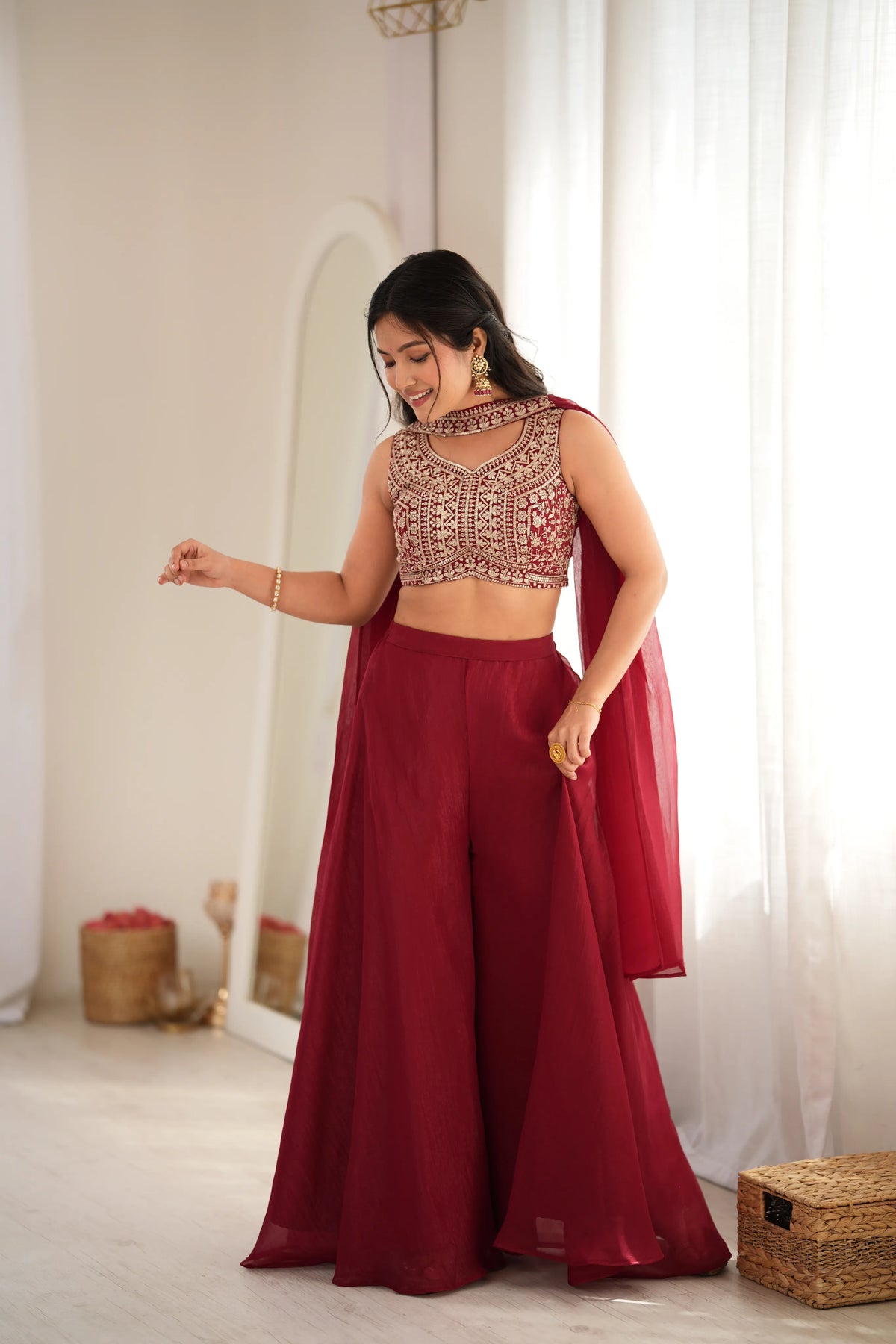 Premium Crunchy Silk Indo-Western Crop Top Palazzo Set with Embroidery & Sequin Work
