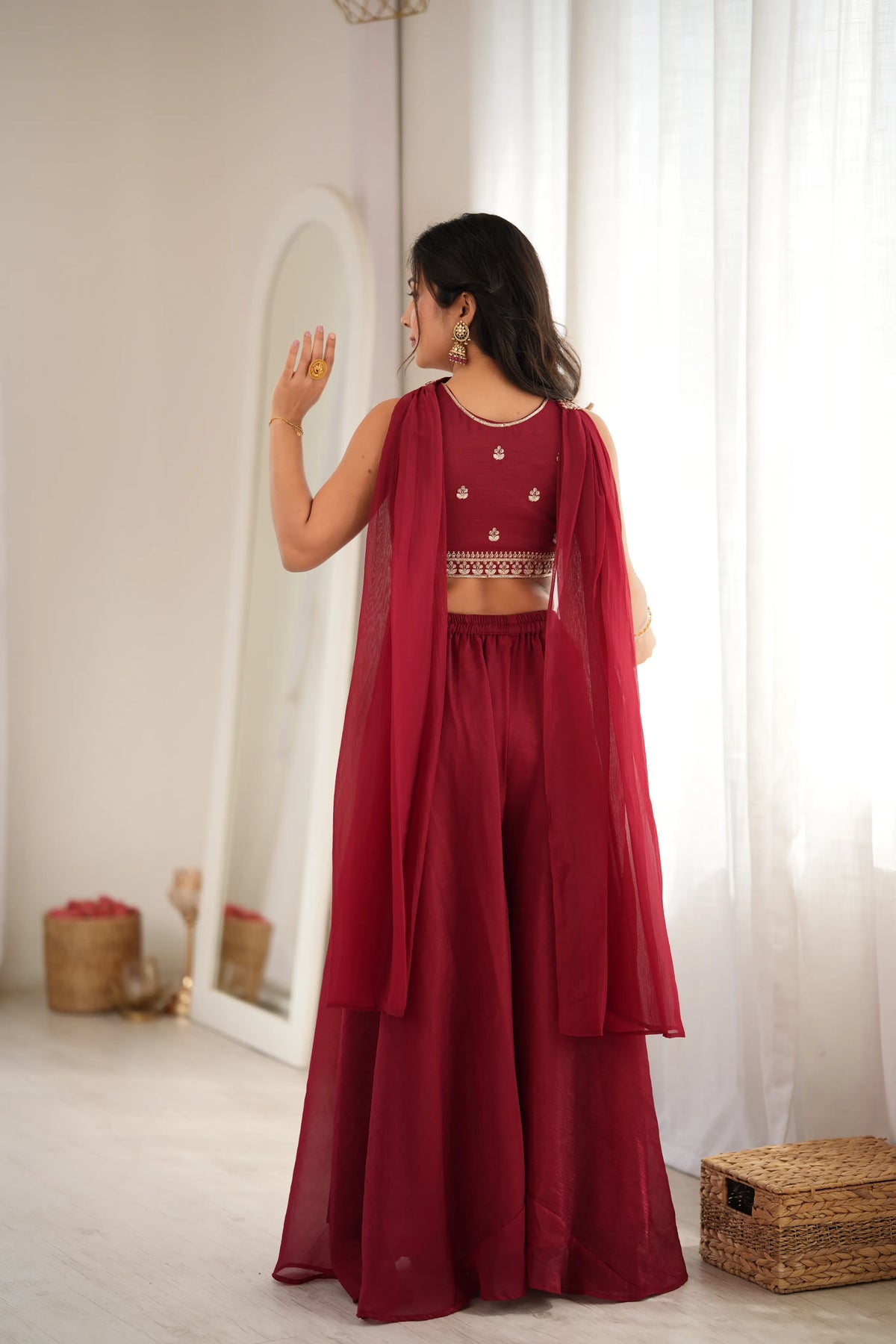 Premium Crunchy Silk Indo-Western Crop Top Palazzo Set with Embroidery & Sequin Work