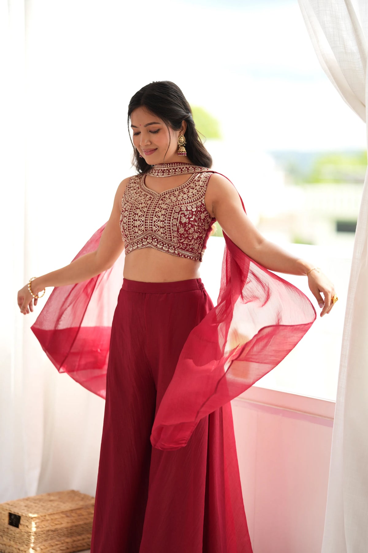 Premium Crunchy Silk Indo-Western Crop Top Palazzo Set with Embroidery & Sequin Work