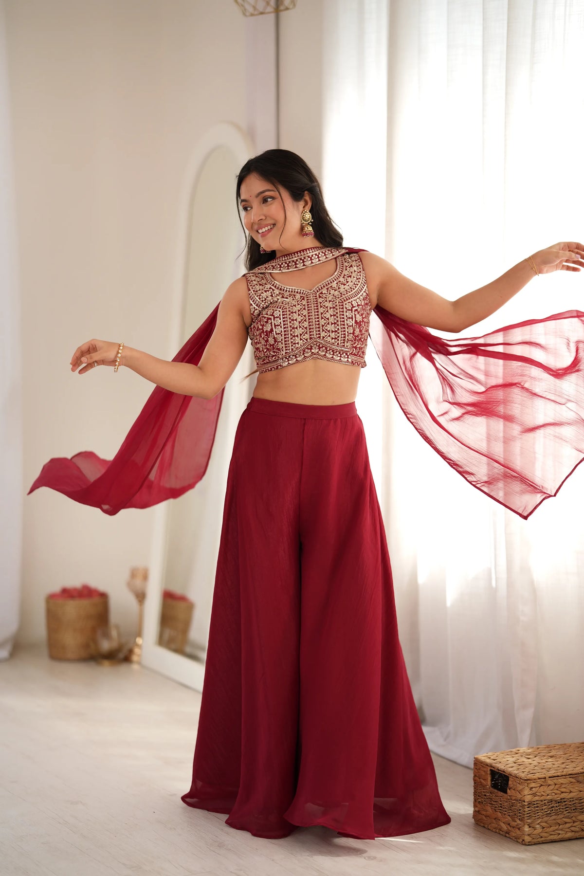 Premium Crunchy Silk Indo-Western Crop Top Palazzo Set with Embroidery & Sequin Work