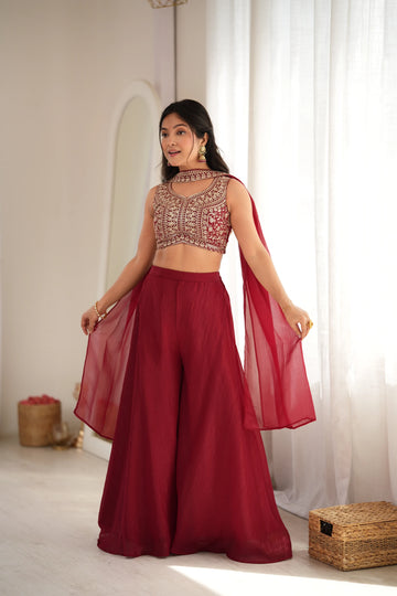 Premium Crunchy Silk Indo-Western Crop Top Palazzo Set with Embroidery & Sequin Work