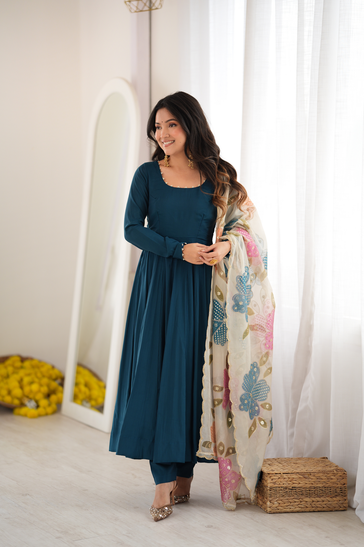 Premium Blooming Vichitra Silk Anarkali Gown with Embroidery, Jari & Real Mirror Lace