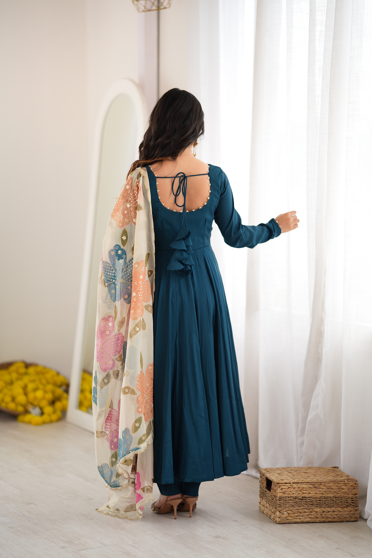 Premium Blooming Vichitra Silk Anarkali Gown with Embroidery, Jari & Real Mirror Lace
