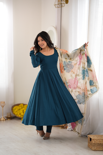 Premium Blooming Vichitra Silk Anarkali Gown with Embroidery, Jari & Real Mirror Lace