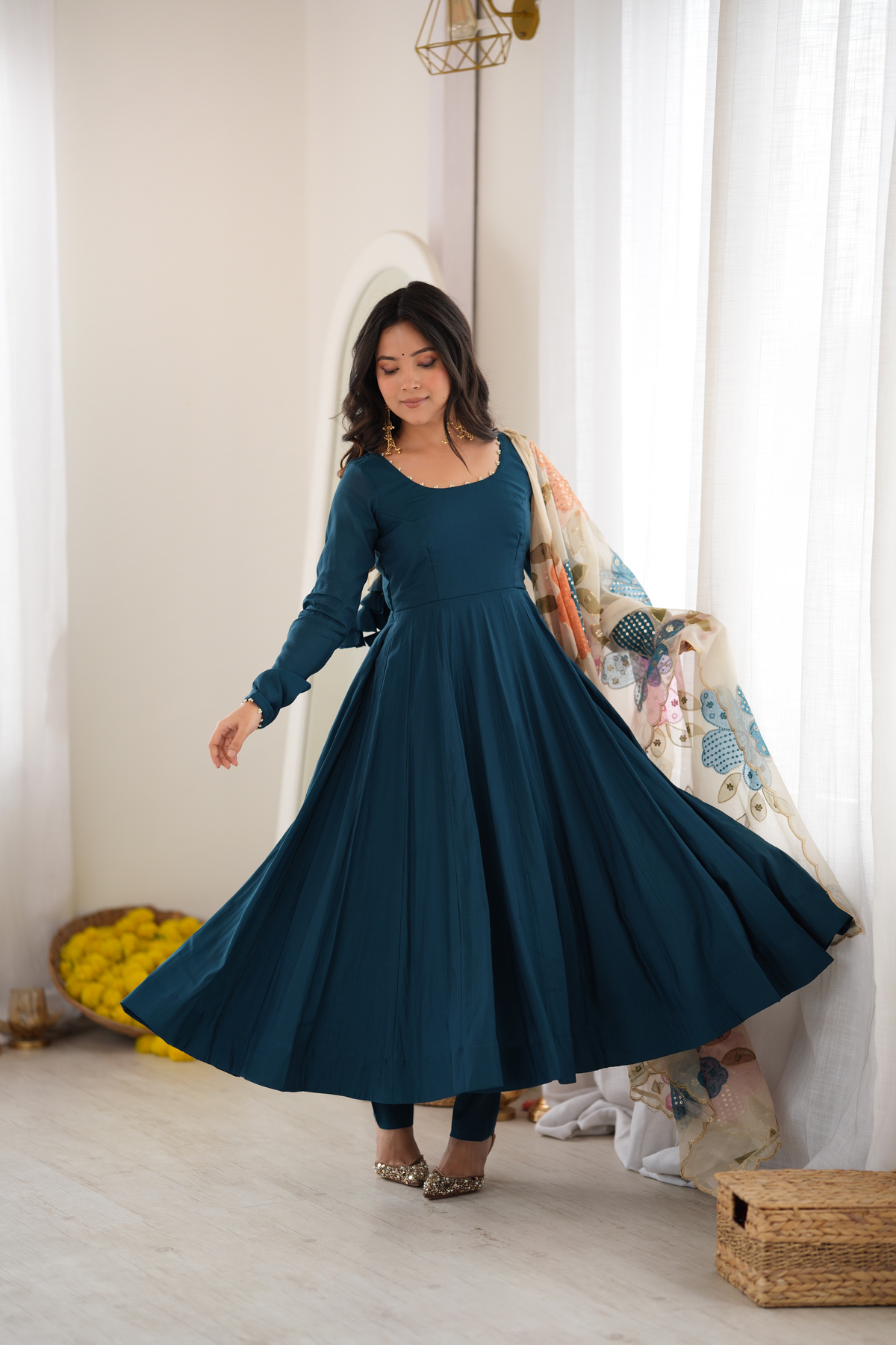 Premium Blooming Vichitra Silk Anarkali Gown with Embroidery, Jari & Real Mirror Lace