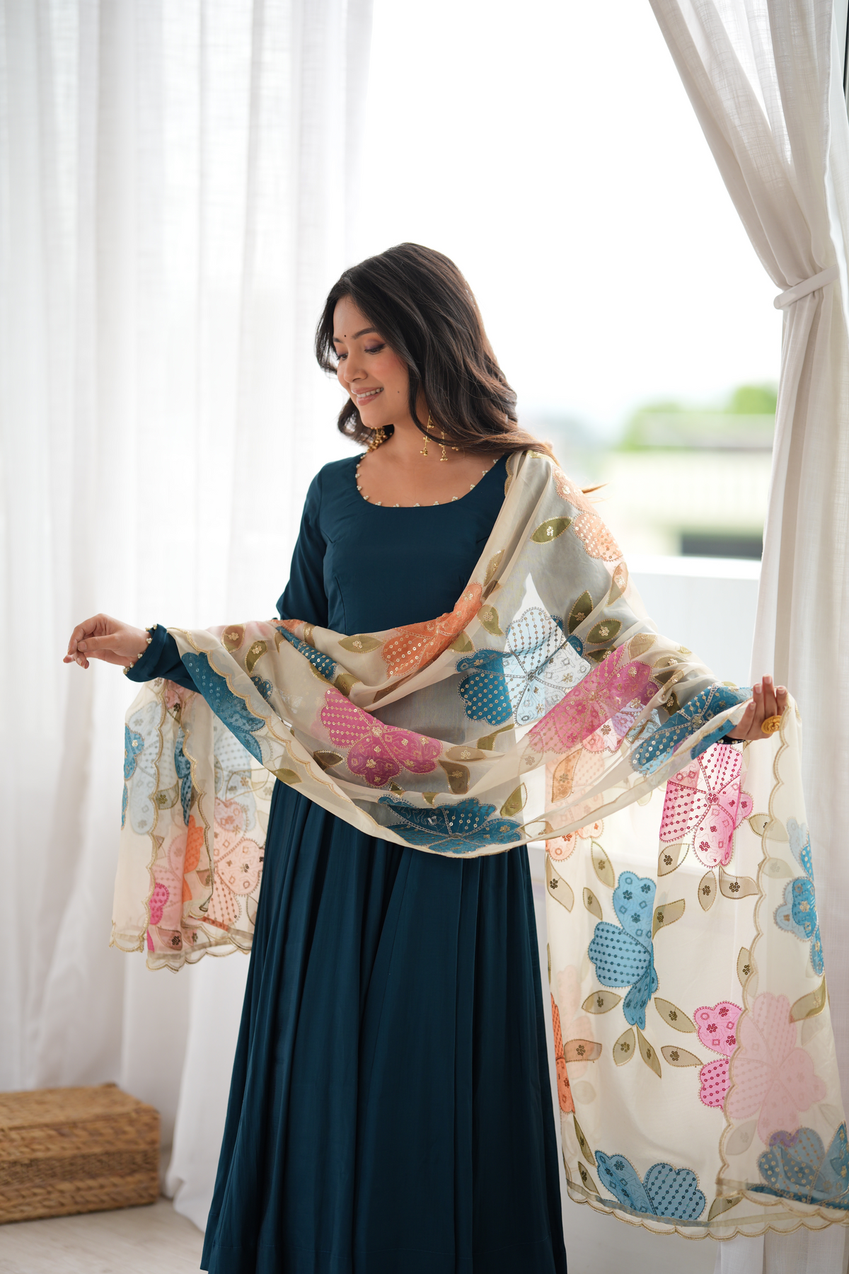 Premium Blooming Vichitra Silk Anarkali Gown with Embroidery, Jari & Real Mirror Lace
