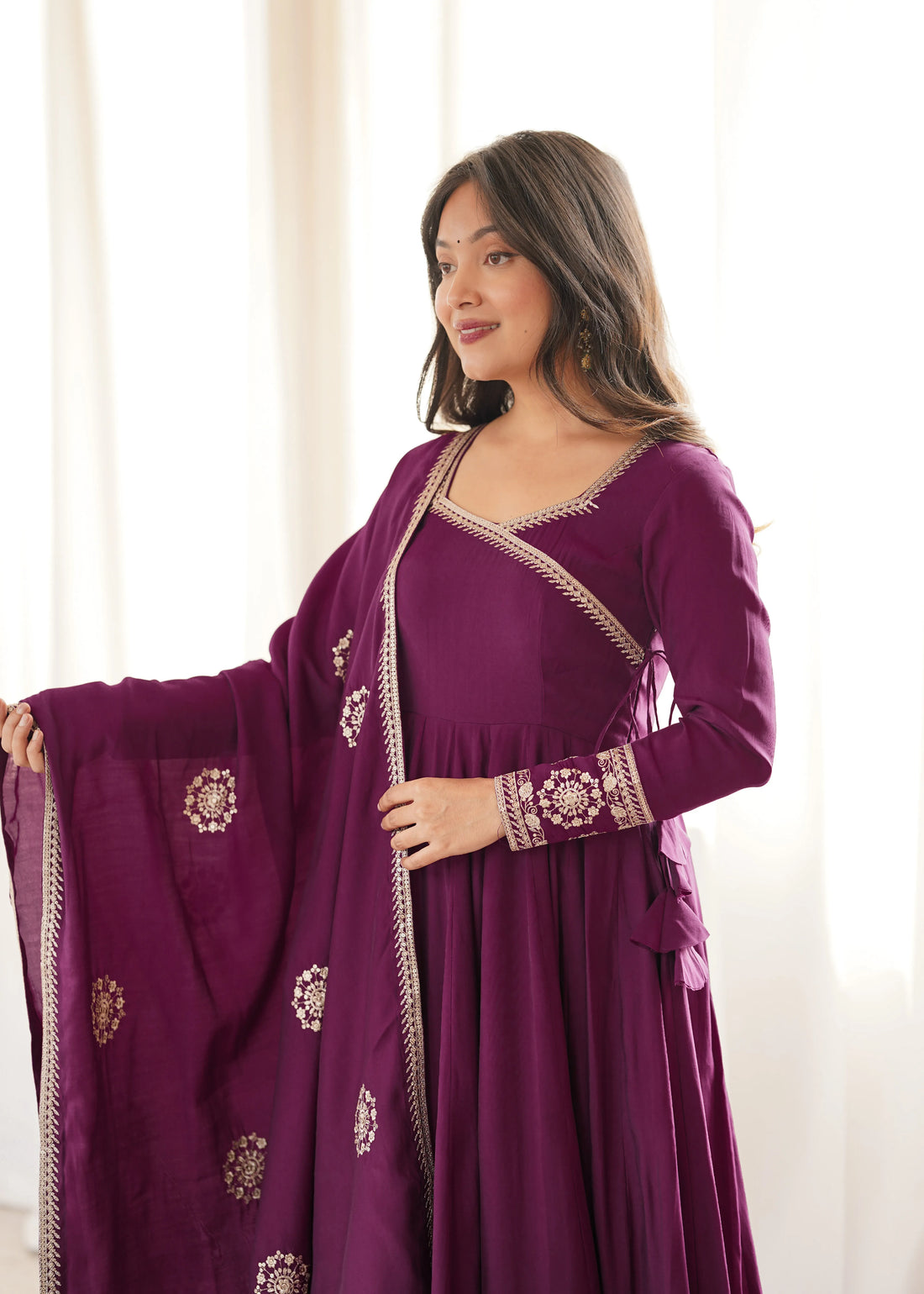 Premium Roman Chanderi Silk Angrakha Style Anarkali with Embroidery, Sequin & Jari Dupatta