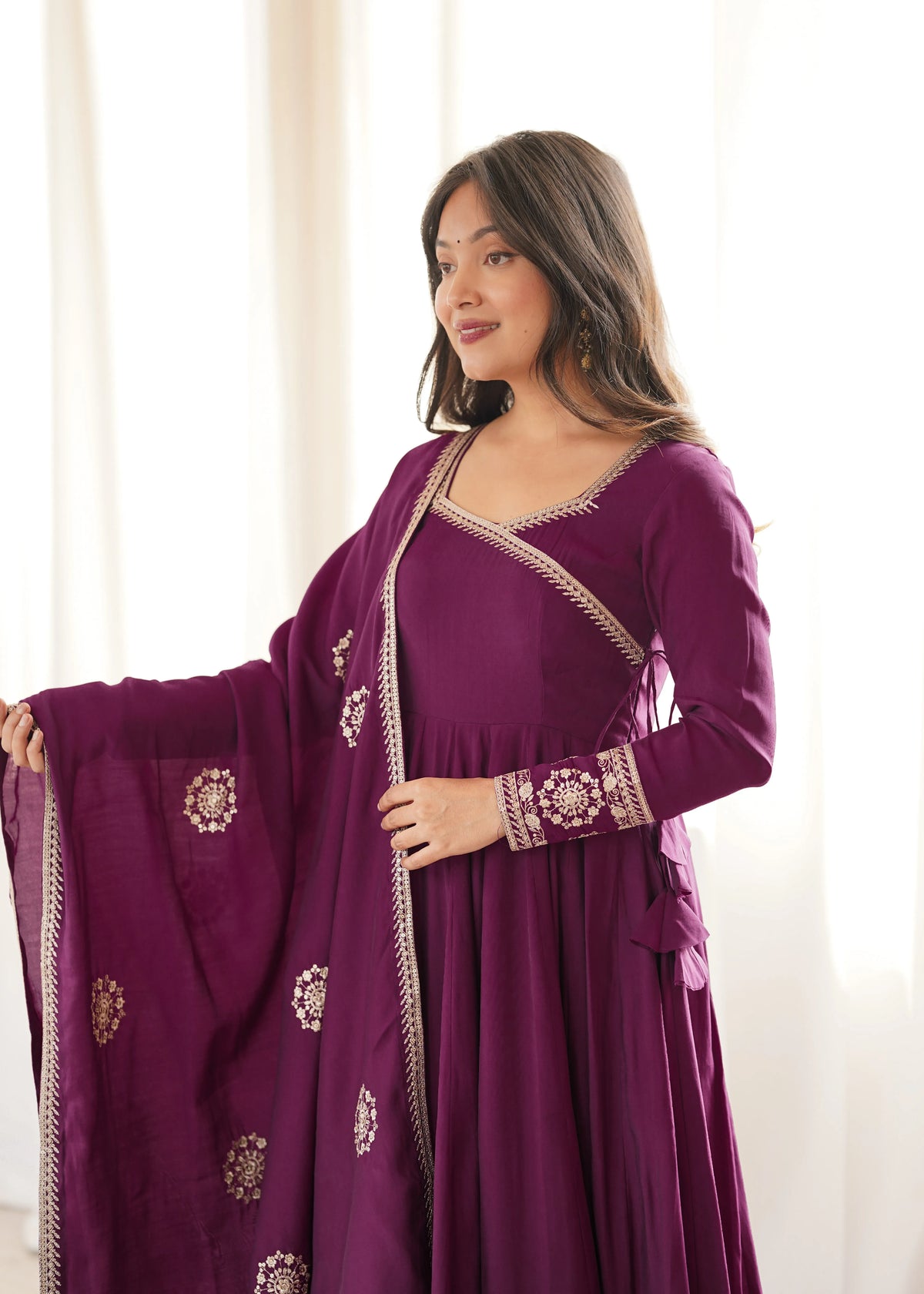 Premium Roman Chanderi Silk Angrakha Style Anarkali with Embroidery, Sequin & Jari Dupatta