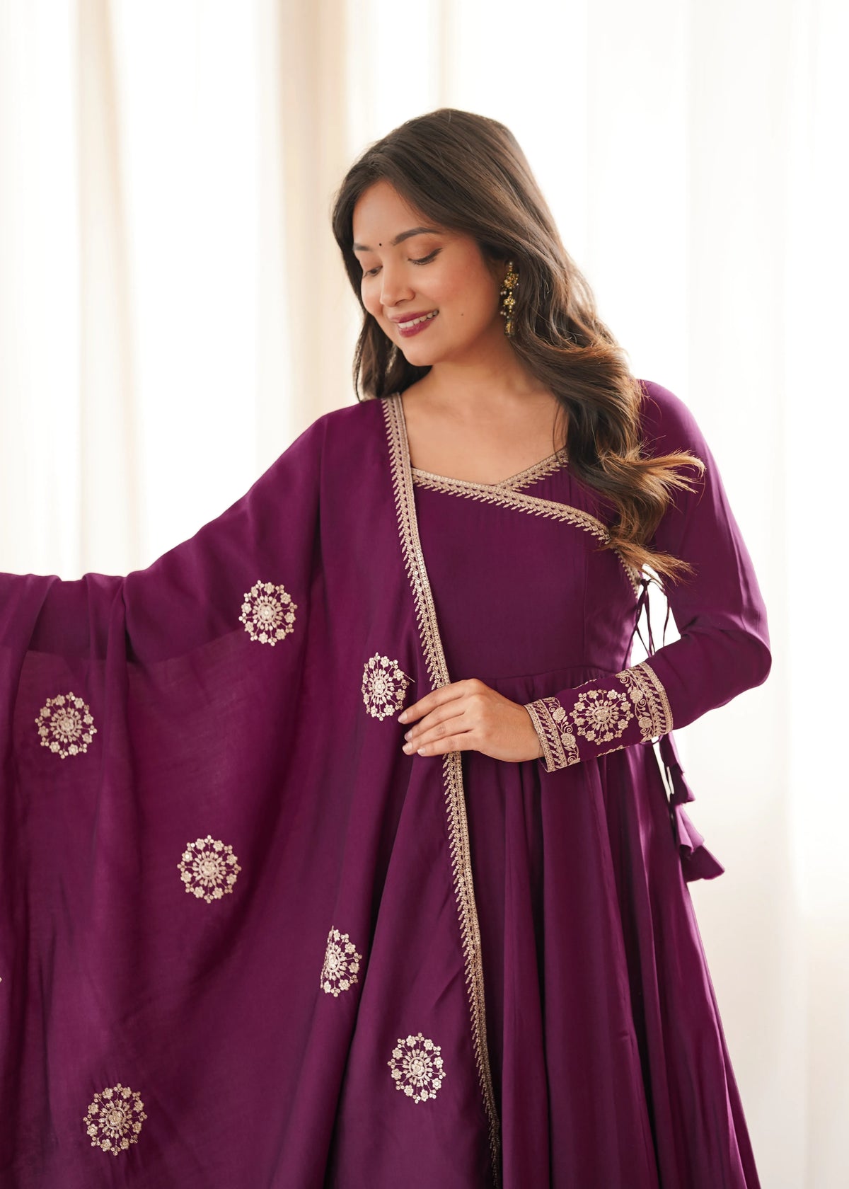 Premium Roman Chanderi Silk Angrakha Style Anarkali with Embroidery, Sequin & Jari Dupatta
