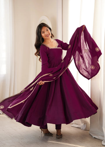 Premium Roman Chanderi Silk Angrakha Style Anarkali with Embroidery, Sequin & Jari Dupatta