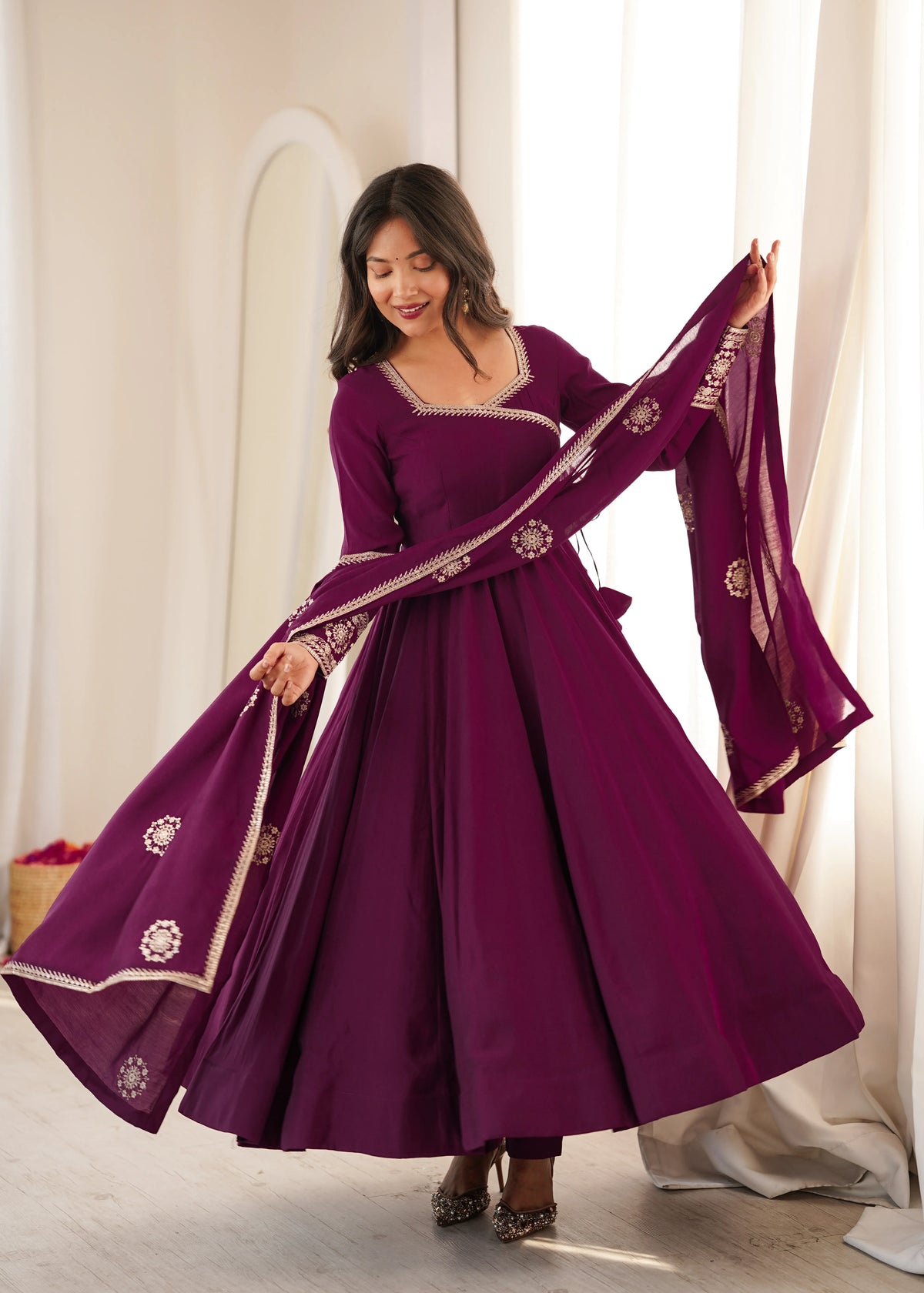 Premium Roman Chanderi Silk Angrakha Style Anarkali with Embroidery, Sequin & Jari Dupatta