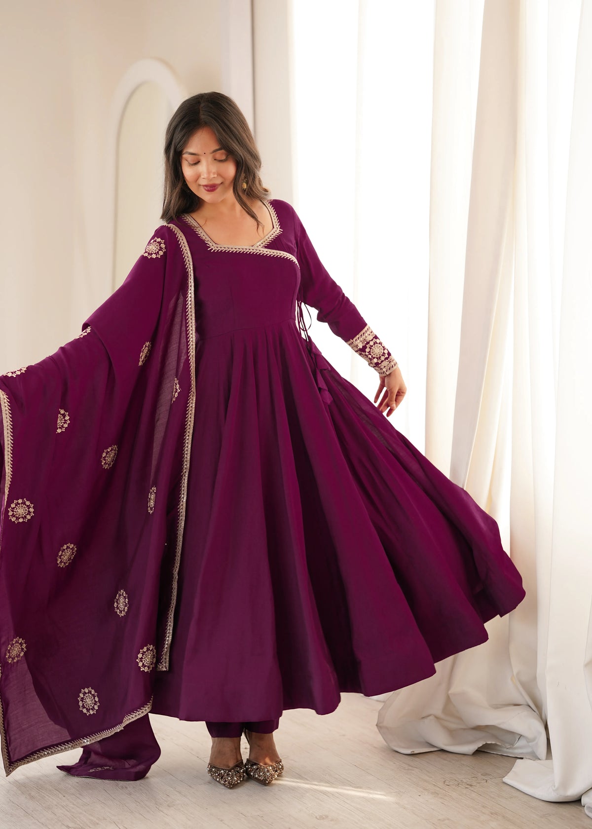 Premium Roman Chanderi Silk Angrakha Style Anarkali with Embroidery, Sequin & Jari Dupatta